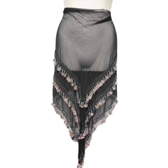Black Hip Scarf 3 Cascading Rows of Silver Coins Long and Wide Sheer Wrap Skirt - Picture 1 of 4